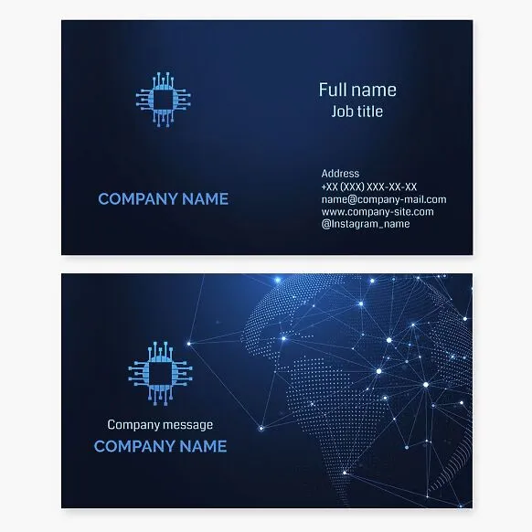 Business card template. Processor technology. Worldwide deliveries. Electronic equipment supply company.