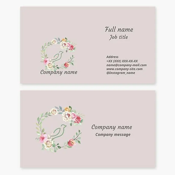 A business card template featuring a delicate floral wreath. A bird. A symbol of freedom, spirituality, and soul.
