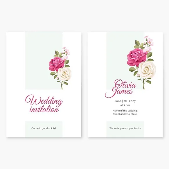 Wedding invitation with roses and rose hips on a delicate white and green background