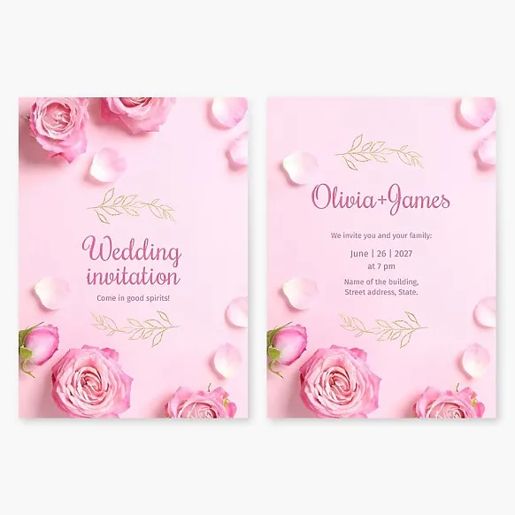 Wedding invitation with rose flowers, petals, and golden branches on a pink background