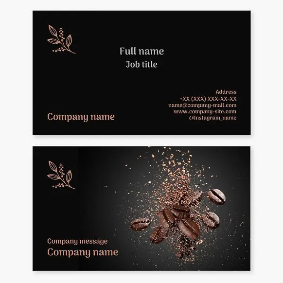 Coffee-themed business card template. Cocoa, coffee beans, chocolate.
